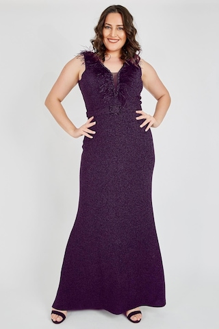 Ladies First Büyük Beden 3472 Patlıcan Moru Uzun Abiye Elbise 001