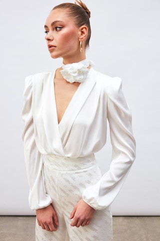 Sateen Kruvaze Saten Bodysuit Bluz - Ekru
