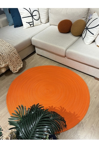 Turuncu Jüt Yuvarlak Hasır Görünümlü Klasik Halı Kilim Turuncu