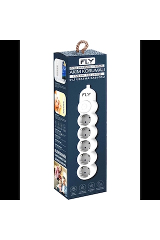Fly 3394-01, 5 Soket, Akım Korumalı Priz, 2.1a, Anahtarlı, 2mt Kablo, Beyaz