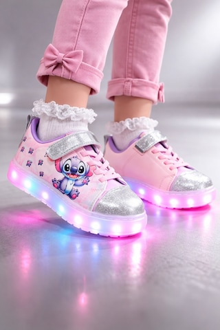 Minibonito Kız Çocuk Desenli Işıklı Led Tabanlı Simli Cırt Cırtlı Sneaker Gümüş