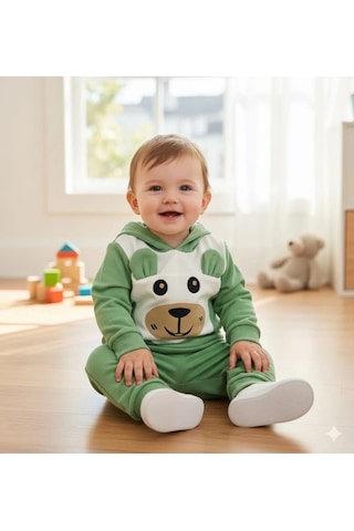 Erkek Çocuk Kapşonlu Ve Kulaklı Alt Üst İkili Gündelik Takım Yeşil