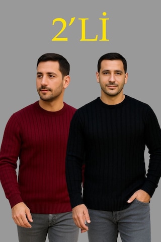 Efnaz Style Erkek Fitilli Triko Kazak 2 Li Set Siyah - Bordo, Kalın Dokuma Pamuklu Regular Fit Bisiklet Yaka Uzun Kollu Rahat Kışlık Kazak Kombini