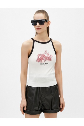 Koton Baskılı Atlet Halter Yaka Şerit Detaylı Fitilli Tanktop Kırık Beyaz 1yal38062ık Ekru