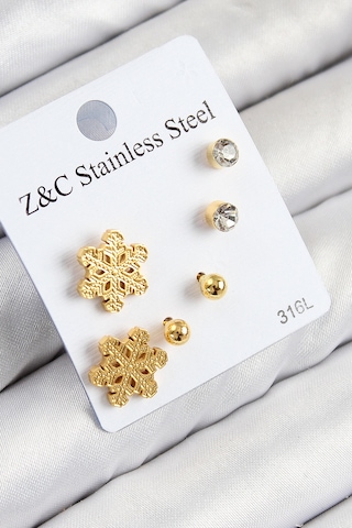316l Çelik Zirkon Taşlı Kar Tanesi Model Gold Renk Kadın Set Küpe Altın 316l Çelik Zirkon Taşlı Kar Tanesi Model Gold Renk Kadın Set Küpe Altın