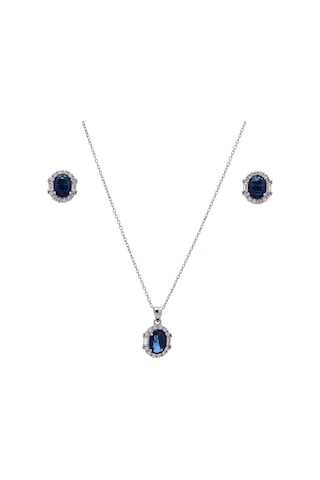 5-8 Mm Lacivert Oval Zirkon Taşlı 925 Ayar Gümüş Kadın 2'li Set Gümüş