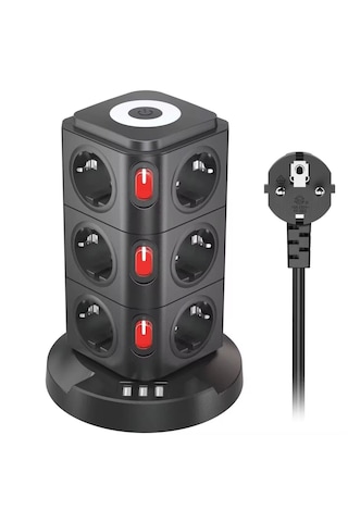 Kule Tipi 12 Li Çoklu Priz 3 Usb Hızlı Şarj Anahtarlı Akım Korumalı Masa Üstü Tower Priz 2 m