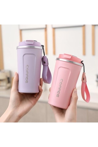 Pembe Mühür Kapaklı Seyahat Kahve Kupa Dökülmeye Dayanıklı Yalıtımlı Çevre Dostu Kolay Tek Elle İçme Paslanmaz