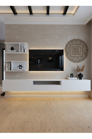 Resital Ledli Duvara Monte Tv Sehpası - Beyaz - W6015-1 Beyaz