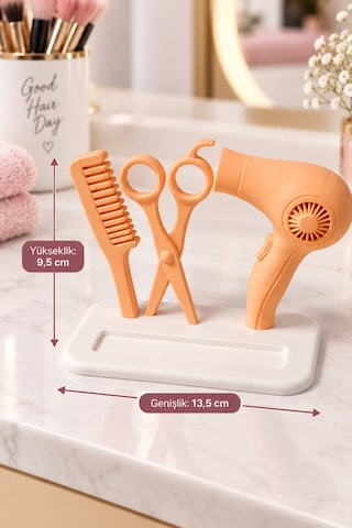 Kuaför Temalı Kartvizitlik Tarak Makas Fön Makinesi Figürlü Masaüstü Kartvizit Standı 13,5 Cm Pastel Turuncu