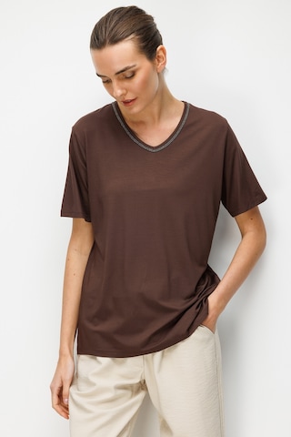 Desen Triko Kadın V Yaka Yaka Kenarı Zincirli Penye T-shirt 26707 Kahverengi Kahverengi