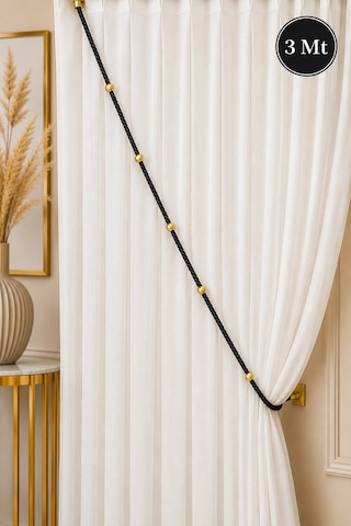Siyah Kruvaze Perde Tavan Korniş Bağlama Halatı - Gold Detaylı - Perde Süsü - 3 Metre - 1 Adet