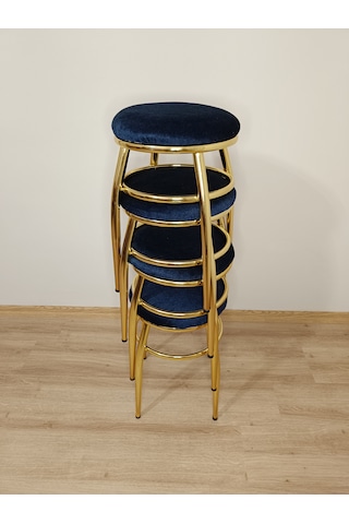 Evko Mobilya Tabure, Bar Taburesi, 2'li Tabure, Gold Ayaklı- Mavi