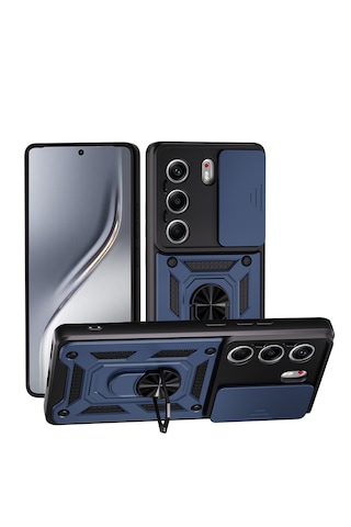 Tecno Spark 40 Pro Kılıf Tam Korumalı Magnetik Standlı Kamera Korumalı Sürgülü Vega Kapak Lacivert