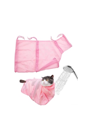 Geeksen Kedi Yıkama Torbası - Kaşıntı Ve Isırık Koruyucu, İlaçlama, Tırnak Kesme, Kulak Temizleme İçin Elastik Mesh Malzeme Pembe