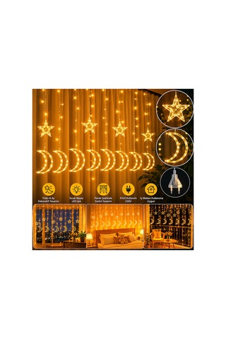 3 Metre Yildiz Ay Led Perde Isik Sicak Beyaz Dekoratif Sarkit 8 Modlu 220v Aydinlatma Sarı