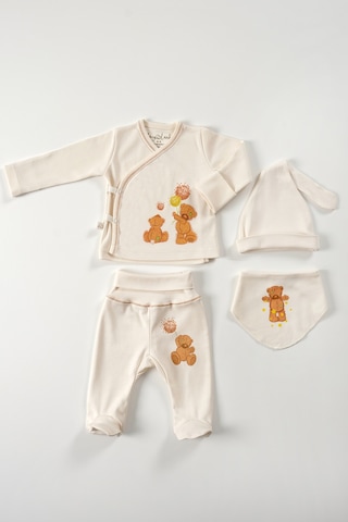 Tinylamb Fluffy Bear 4 Parça Unisex Bebek Uzun Kollu Pamuk Bodysuit Takımı Yenidoğan Ve Çocuk Hediye Seti Bej