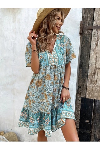 Kadın Kısa Kollu Yakası Bağcıklı Önden Düğmeli Fırfır Desenli Süprem Elbise Mavi