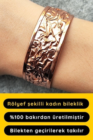 Bakır Renk Rölyef Desen Şekilli El Yapımı Ayarlanabilir Bakır Bileklik Çok Renkli