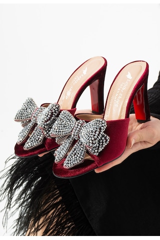 Lebibe Shoes Seravıa Kadın Bordo Kadife Taşlı Fiyonklu 9 Cm Topuklu Abiye Terlik