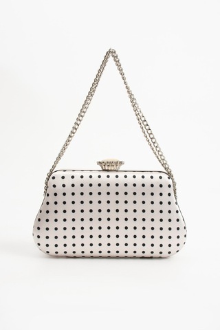 Lebibe Shoes Polkıa Ekru Saten Kumaş Puantiye Desenli Zincir Askılı Klips Kapamalı Clutch Çanta