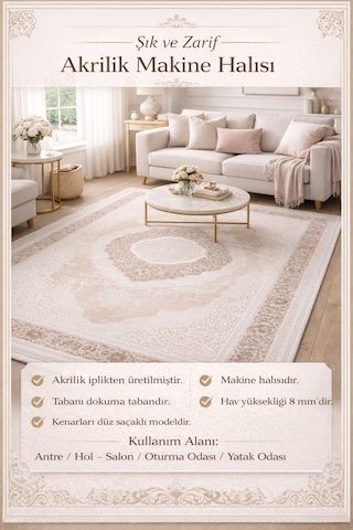 Krem Bej Klasik Desenli Akrilik Halı 8 Mm Yumuşak Dokulu Salon Yatak Odası Antre Halısı Kahverengi