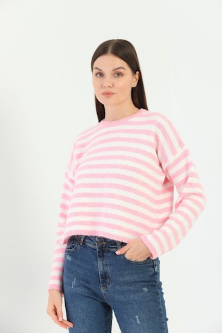 Youknitwear You Angora Çizgili Kazak Pembe