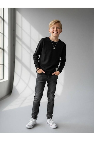Zekids Erkek Çocuk Pamuklu Dokulu Kumaş İnce Uzun Kollu Sweatshirt-16630 Siyah