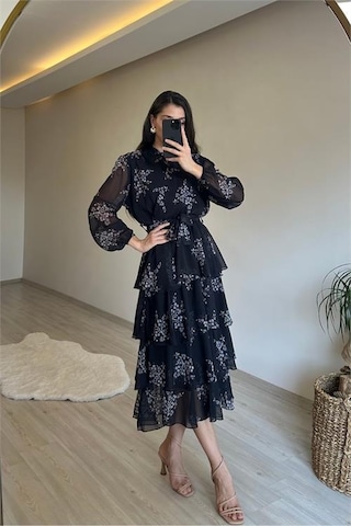 Neşeli Butik Kadın Çiçek Desenli Kat Kat Volanlı Şifon Elbise Nm014 Siyah