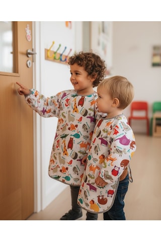 Yorni 3-6 Yaş, Zoo, Cırtlı, Sıvı Geçirmez, Makinede Yıkanabilir, Uzun Kollu Çocuk Faaliyet Aktivite Mama Önlüğü Beyaz