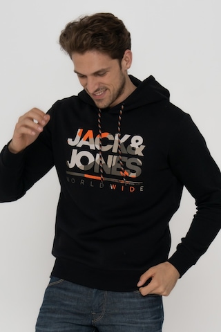 Jack & Jones Erkek Logo Baskılı Kapüşonlu Sweatshirt - Luke Black Siyah