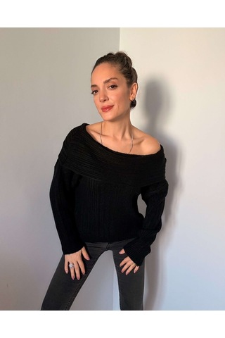 Ali Butik Siyah Madonna Yaka Fitilli Kazak Siyah