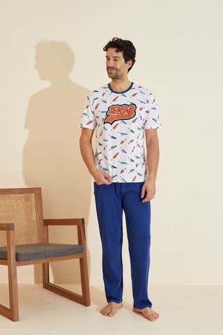 Siyah İnci Bisiklet Yaka Baskılı Örme Pijama Takım 25109830 Beyaz