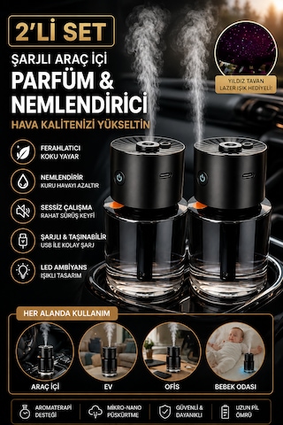 Araç İçi Hava Nemlendirici Ve Koku Difüzörü Usb Şarjlı Sessiz Çalışma 140 Ml 2 Adet