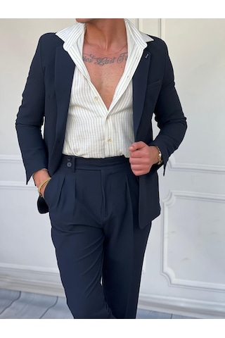 Modefendi Özel Seri %100 Gofre Kumaş İtalyan Kesim Pileli Modern Fit Takım Elbise Lacivert