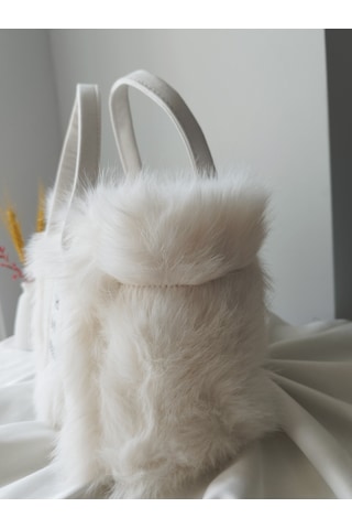 Vivazzaluxe Vintage Peluş Kürk Model Sonbahar, Kış The Bag Bonjeur Kadın El, Kol, Omuz Çanta Beyaz