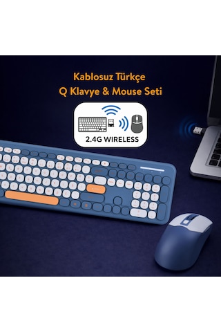 Soft Touch Kablosuz Klavye Mouse Set Lacivert + Beyaz Smk-687 Diğer