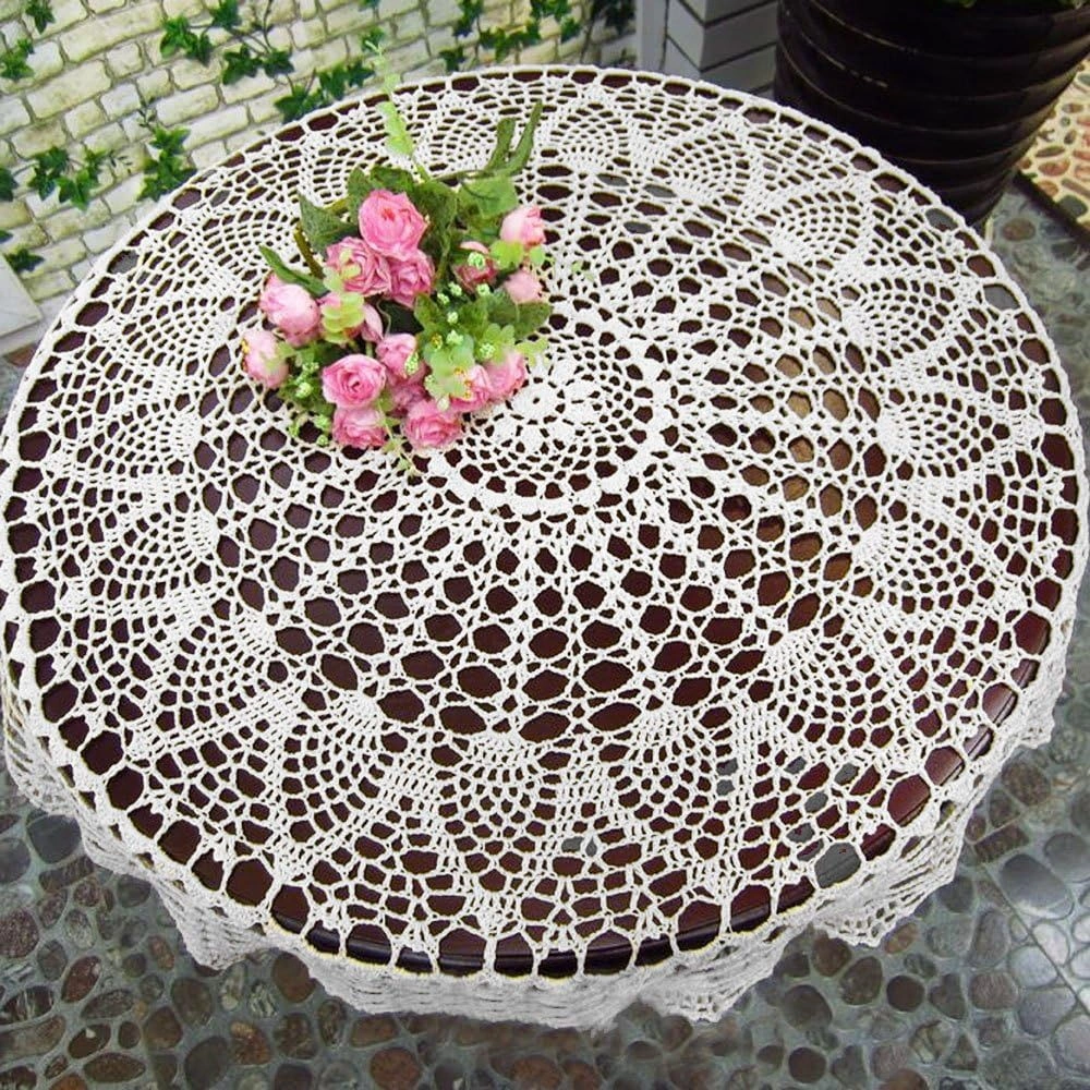 Kangvka Tam Pamuk El Örgü Gül Desenli Beyaz Yuvarlak Masa Örtüsü 65-70 Cm Çap Beyaz