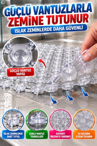 Crystal Kaymaz Vantuzlu Banyo Paspası Şeffaf 68x35 Cm Islak Zemin Kaydırmaz Küvet Duşakabin Pvc Matı
