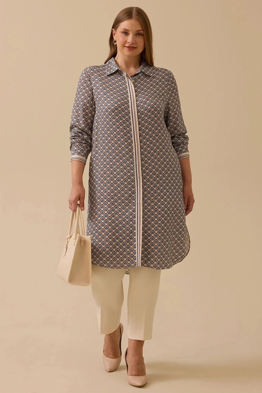 Galaxi Kadın Büyük Beden Desenli Uzun Tunik 4004 Mavi Mavi