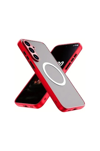 Elmpaly Samsung Galaxy S25 Fe Kırmızı Manyetik Kasa Şok Emici Transparan Sert Pc