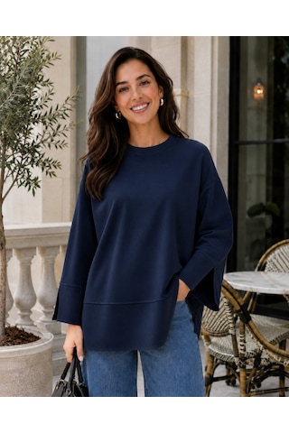 Unika Boutique Kadın Oversize Yırtmaçlı Uzun Kollu Salaş Bluz Lacivert