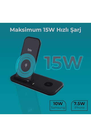Bix Bxmw1 2'si 1 Arada 15w Qi Kablosuz Şarj Cihazı Standı Siyah