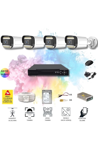 Qromax 4 Kameralı Set - Yapay Zeka Özellikli Gece Renkli Gösteren 5mp Sony Lensli 12 Warm Ledli Fullhd Güvenlik Kamerası Seti 312w-104