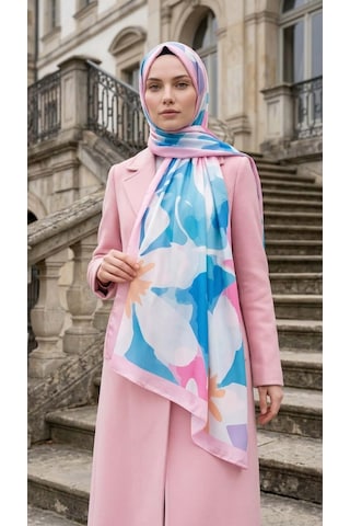 Moda Nuda Desenli Pamuk Soft Şal - İlham Serisi Mavi Pembe Kenarlı Mavi - Pembe