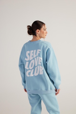 Holly Lolly Kadın Mavi Oversize Şardonlu Yazı Baskılı Fluffy Sweatshirt