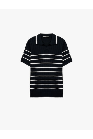 Koton Viskon Polo Yaka Çizgili Dokulu Kısa Kollu Triko Tişört Lacivert Çizgili 6sam70012ht