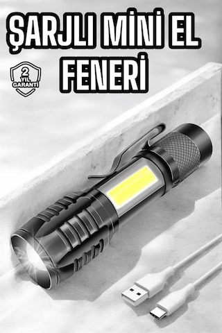 El Feneri Led Usb Şarjlı Zoom Mini Led Işık Acil Durum Feneri