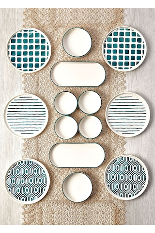 Kitchen Life 14 Parça 6 Kişilik Neometric Stackable Kahvaltı Takımı - Kahvaltılık Sunum Tabağı Yeşil - Beyaz
