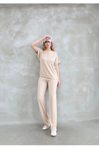 Modaserdem Osy Modal Yumuşak Dokulu Kumaş Bisiklet Yaka Kısa Kollu Takım - Bej Bej